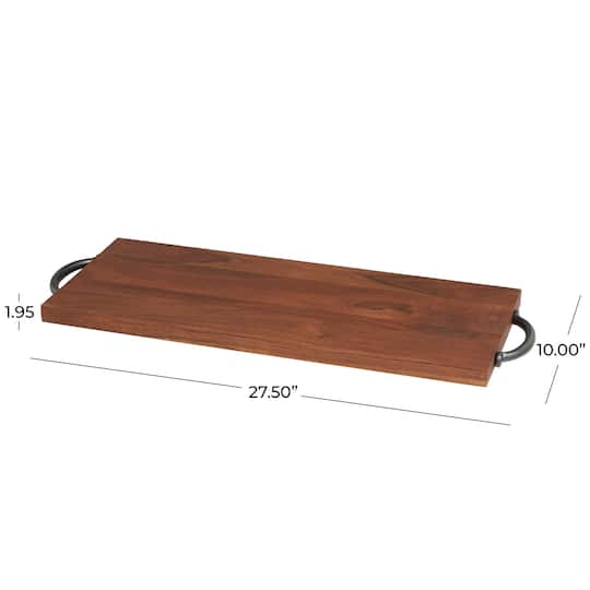 28" Brown Wood Tray with Black Metal Handles